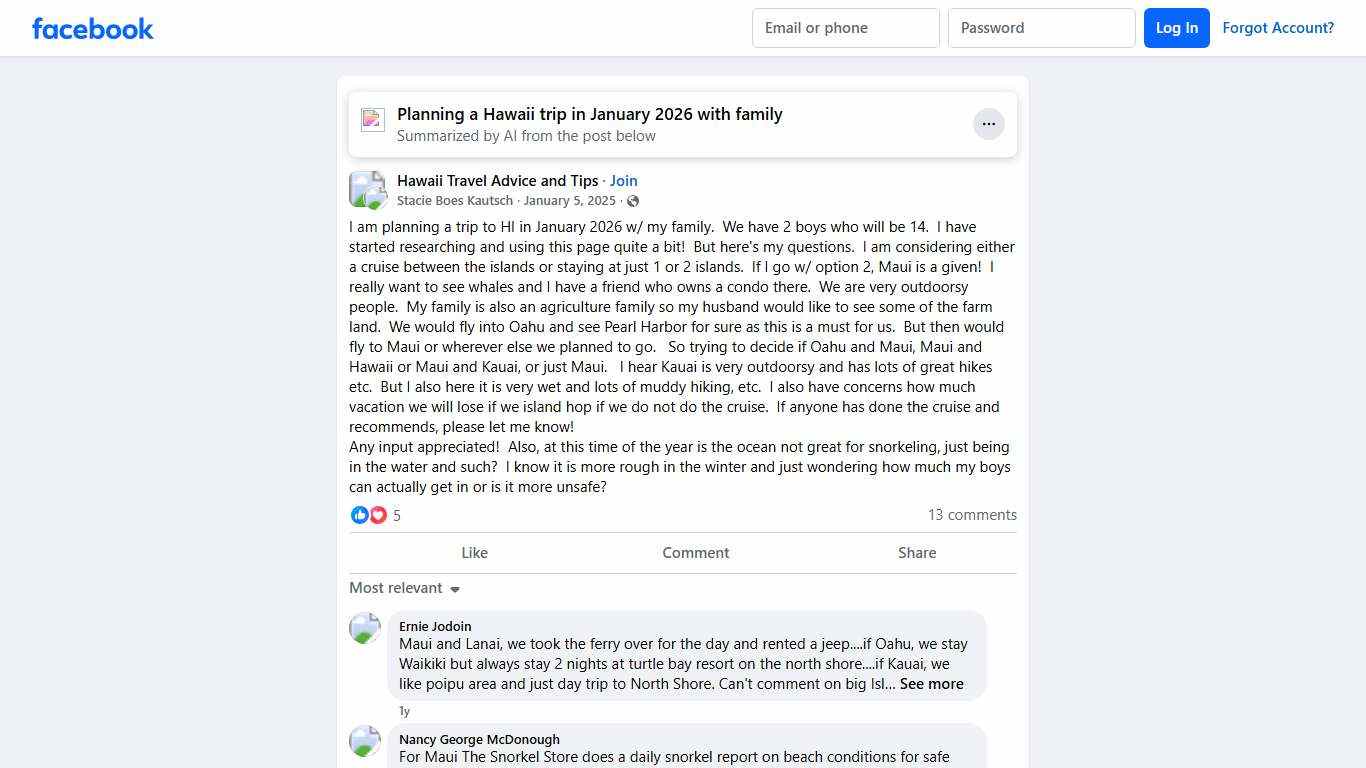 Hawaii Travel Advice and Tips I am planning a trip to HI in January 2026 w/ my family Facebook